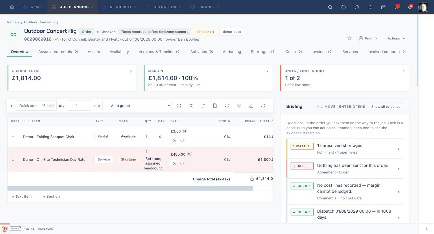 A rental's Overview tab with headline cards, quick-add line entry, and the briefing panel