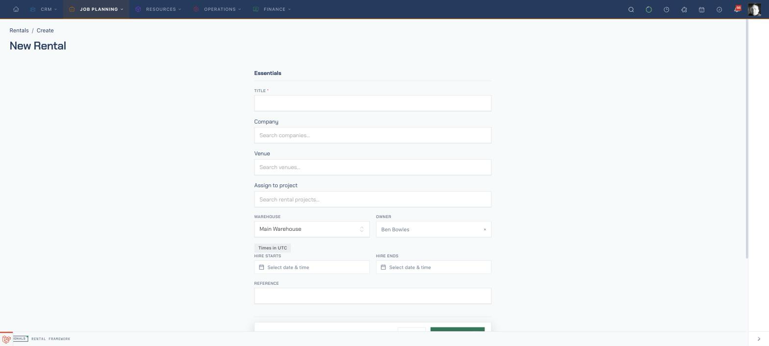 The New Rental form showing the Essentials section