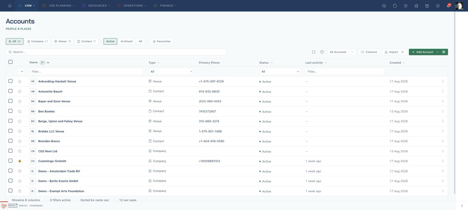 The Accounts list with company, venue, and contact tabs