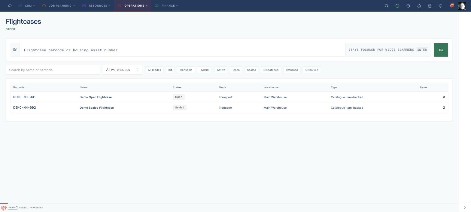 The Flightcases list with the barcode scan bar and status filters