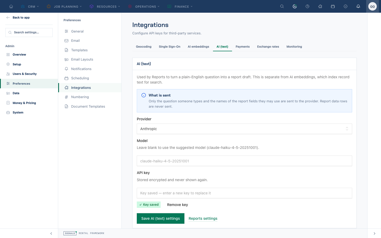 The AI text provider settings
