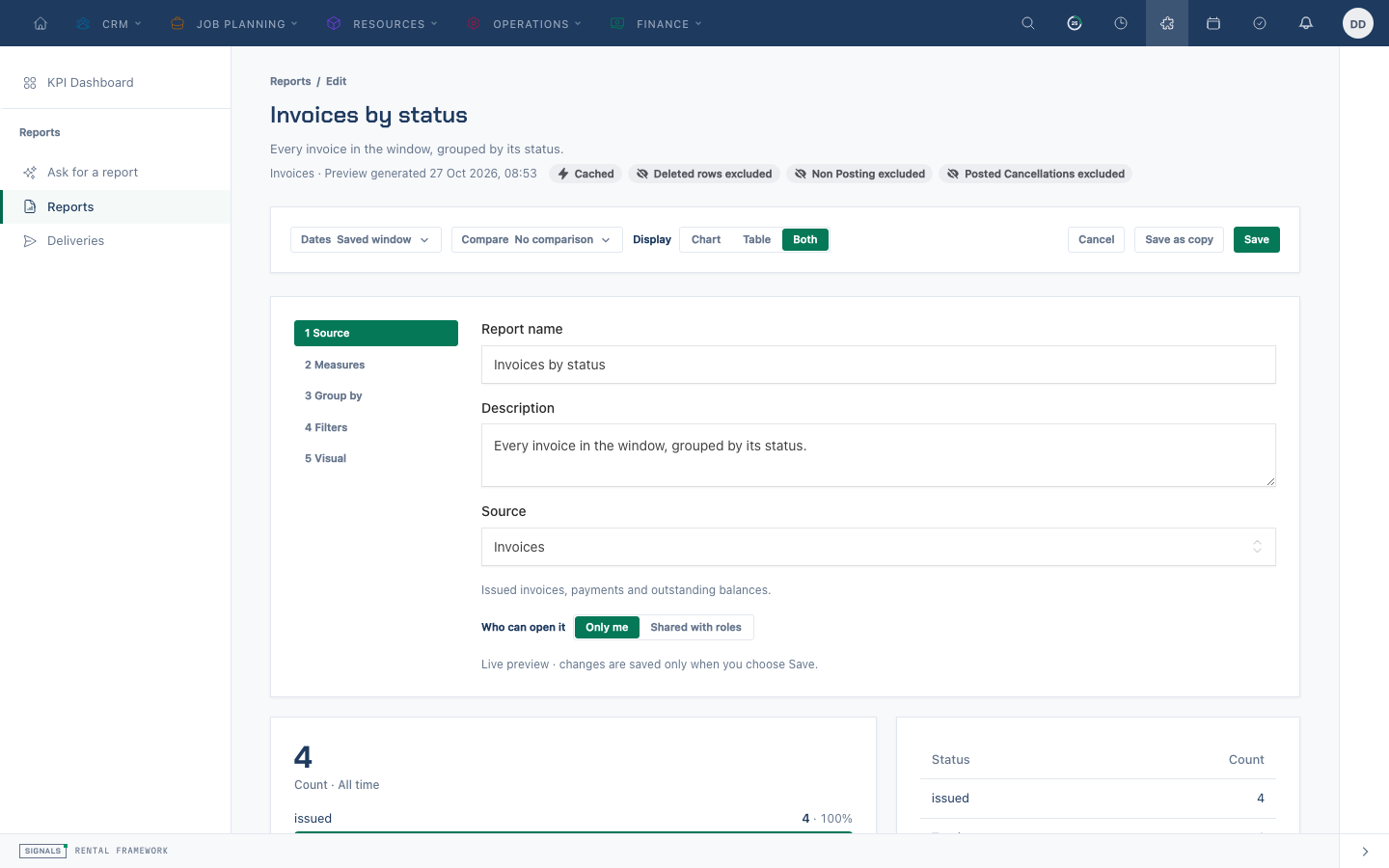 The inline report editor beside its preview