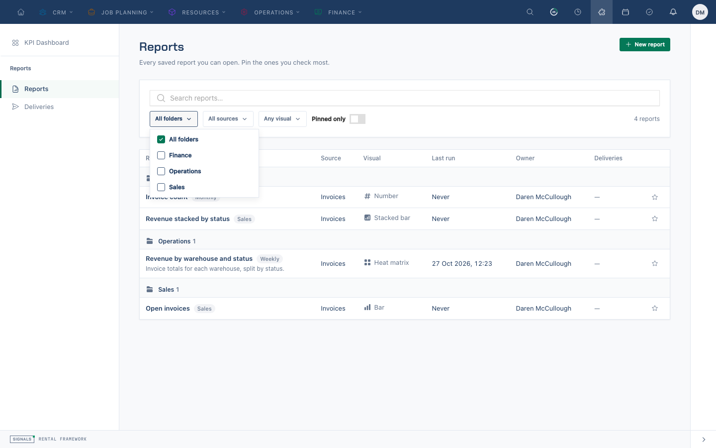 Filtering the saved reports list by folder