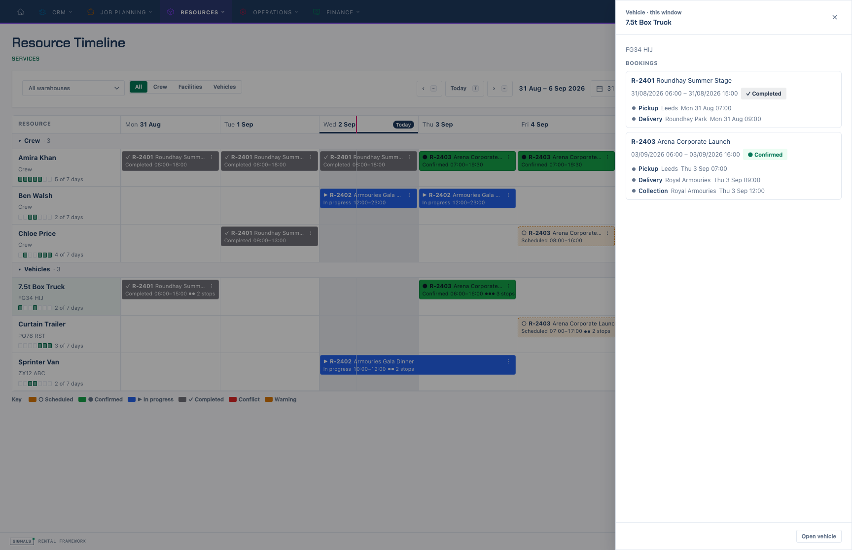 The resource side panel for a vehicle, listing its bookings and route stops