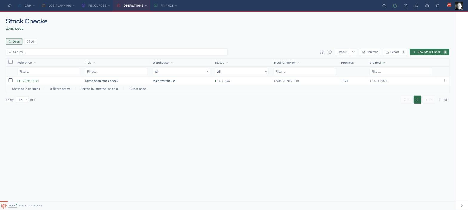 The Stock Checks list showing an open check and its progress