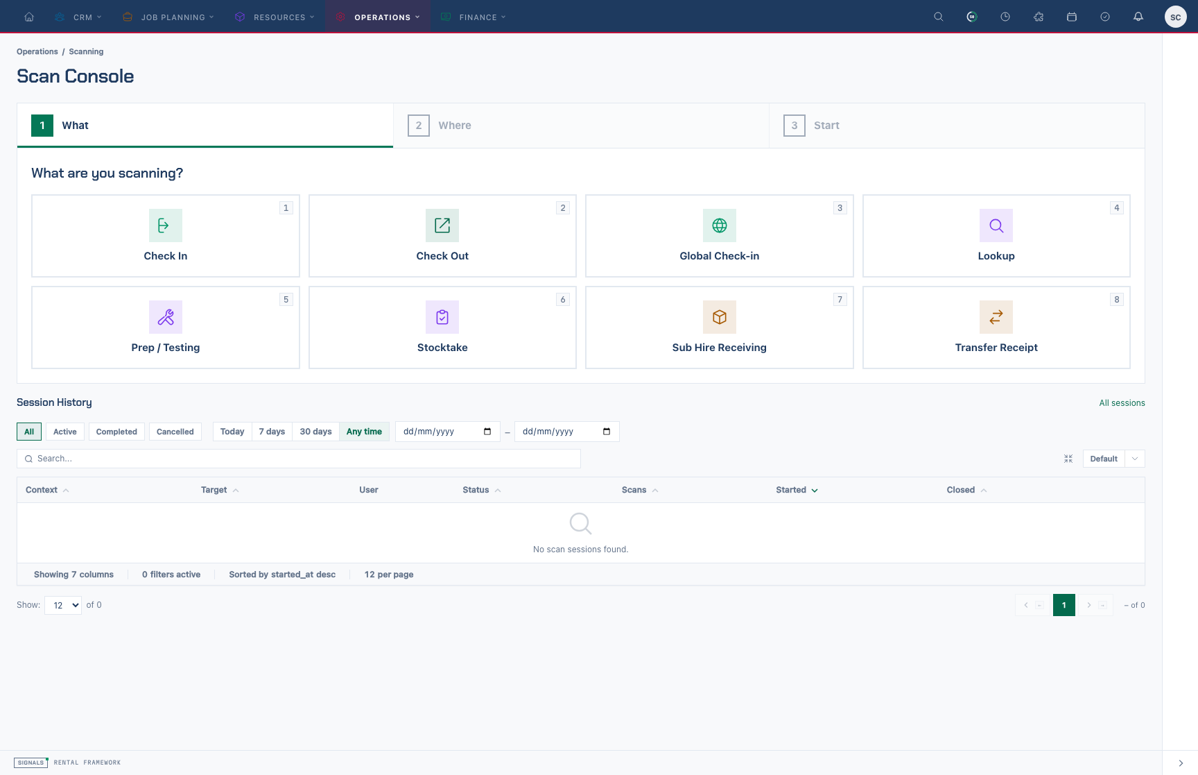 The Scan Console with context tiles, warehouse selector, and session history