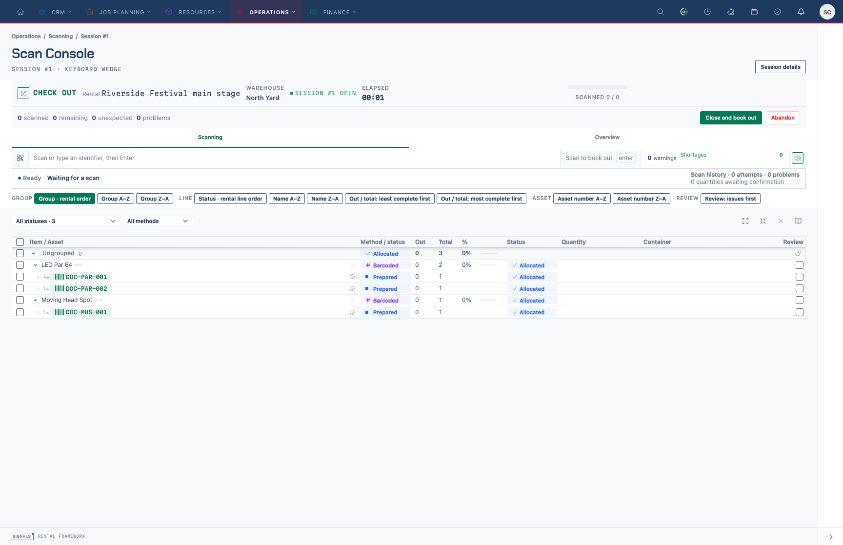The check-out desk with the rental's worklist and scan field